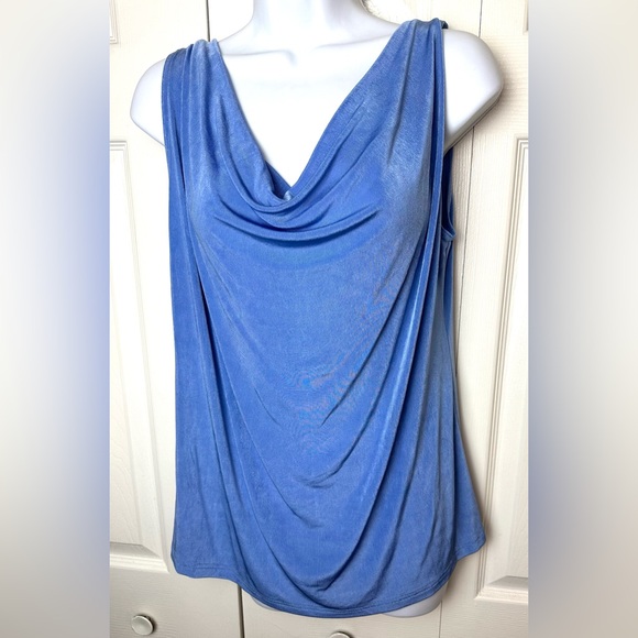 MADE IN HEAVEN Blue Drape Neck Tank Top Stretch Slinky Ribbed Knit Blouse Shirt - Picture 8 of 8
